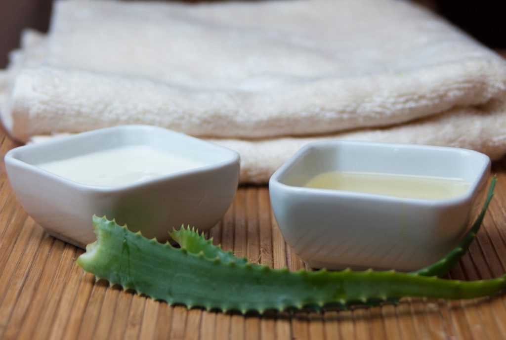 Huiles végétales et aloe vera sur la table